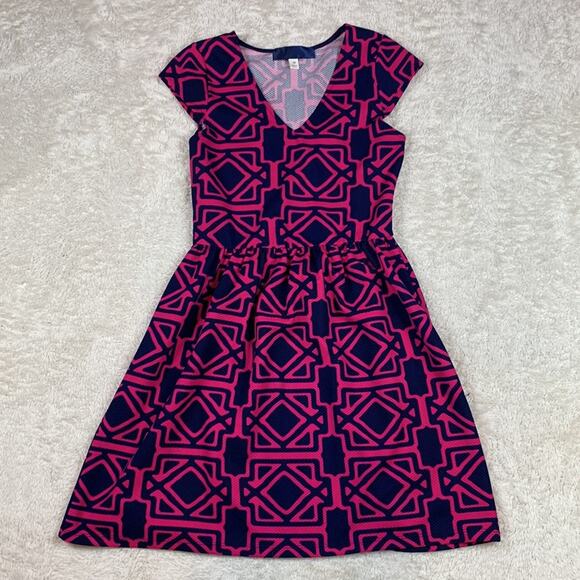 Unbranded Geometric print hot pink & navy blue fit and flare stretch dress, med - Picture 3 of 8